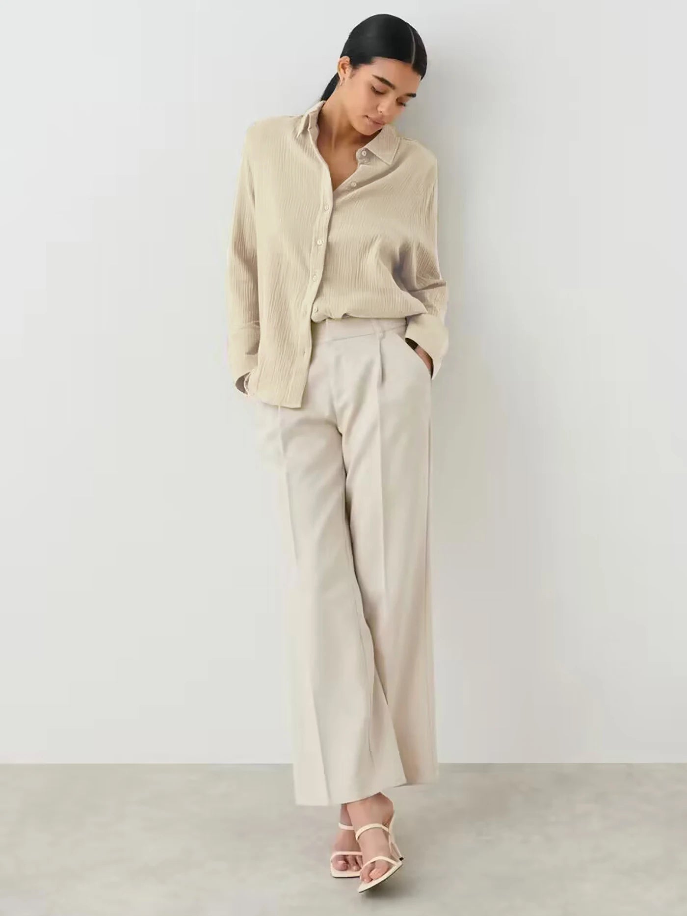 Bornladies 2025 Women's Spring Summer 100% Cotton Shirts Office Lady  Fashionable Solid Lady Long Sleeve Loose Tops Crepe Shirts