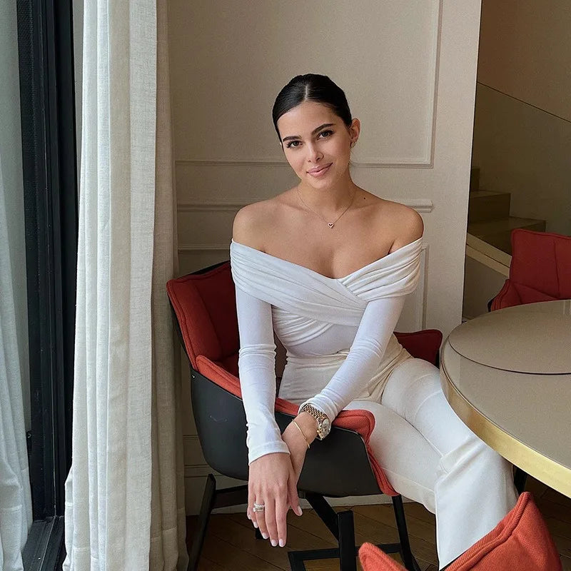 Y2K Women Sexy Off Shoulder Bodysuit Solid Color Long Sleeve Skinny Romper Crossed Folds Fashion Streetwear Autumn.