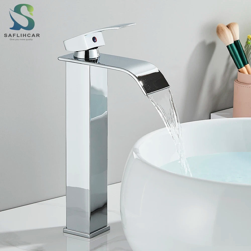 Chrome Bathroom Basin Faucet Waterfall Faucet Single Handle Wide Spout High Style Hot Cold Water Tap  for Bathroom
