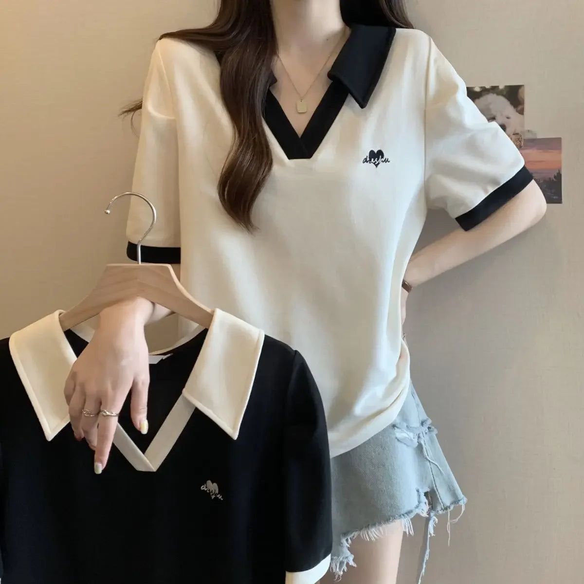 Plus Size Women's Casual Polo Neck Short Sleeve T-Shirt Slimming Belly Cover Summer Age Defying Shoulder Level Top.