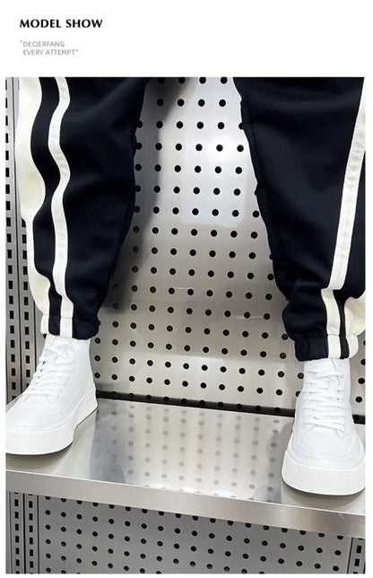 Fashionable Striped Color Blocking Sweatpants 2024 Autumn/Winter Men's New Casual Ankle Pants Patchwork Warm Harem Trousers.
