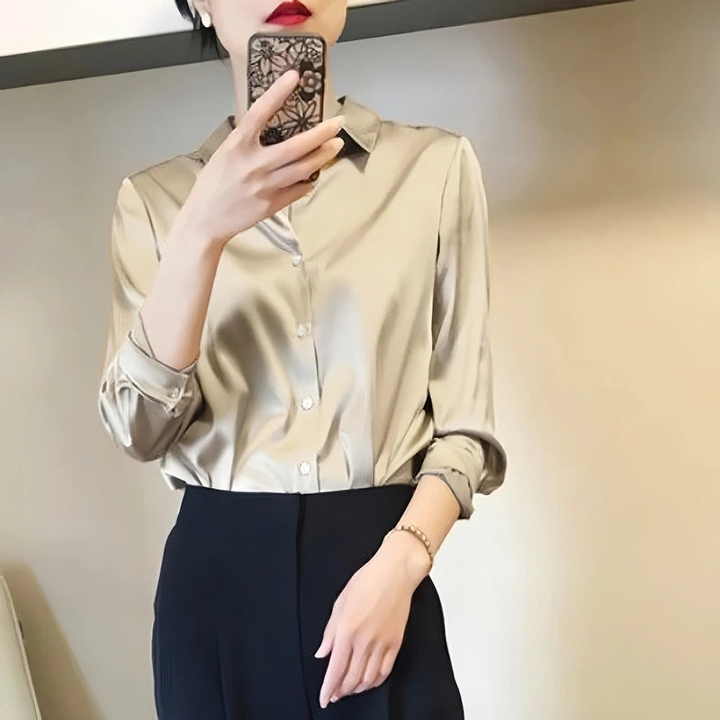 Luxury Satin Finish Shirts And Blouses For Women Clothes Casual Top OL Long Sleeve Single Breasted Elegant French Solid Blouses.