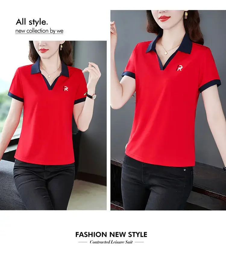 Women's Slim Fit Polo Shirt Short Sleeve T-Shirt Casual Sporty Loose Fashionable Summer Top Turn-down Collar Comfortable.