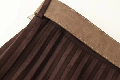 European and American style autumn new fashion trend casual simple women's matching belt suede effect pleated midi skirt