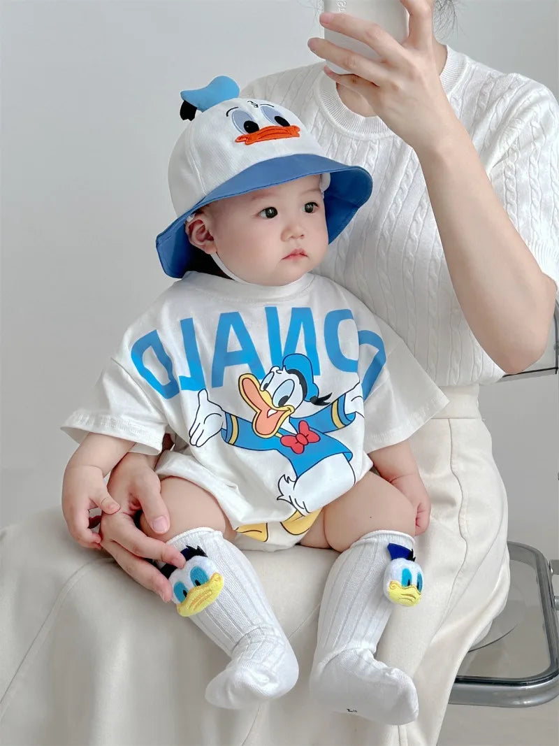 Disney Baby Mädchen Junge Overall Strampler Socke Hut Neugeborene Kleidung Set Baumwolle Cartoon Donald Duck Infant Kleinkind Body Outfit K618.