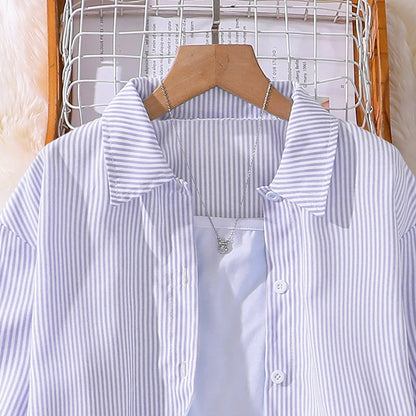 Spring Hot Sale Kids Outfit 4-12 Years Girls Striped Long Sleeve Chemise + Casual Loose Straight Leg Pants Shirt Suit 2Pcs Set.