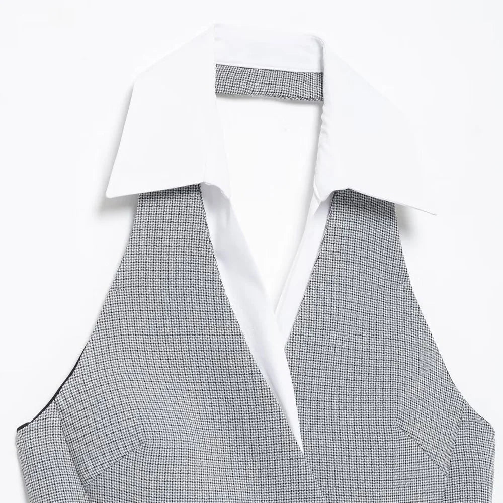 TRZA Mode Zweireiher Plaid Halter Mini Kleid für Frauen Front Klappen Taschen Backless Weibliche Kleider Vestidos Mujer.