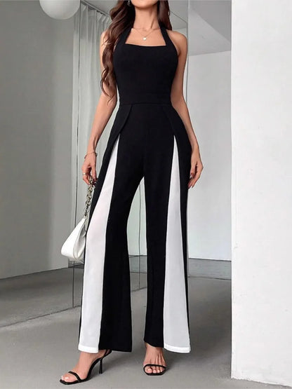 Casual Sleeveless Round Neck Jumpsuit Women's 2025 Summer Fashion Patchwork Slimming Halter Neck Sleeveless Backless One Piece.