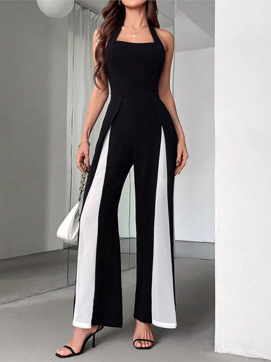Casual Sleeveless Round Neck Jumpsuit Women's 2025 Summer Fashion Patchwork Slimming Halter Neck Sleeveless Backless One Piece.