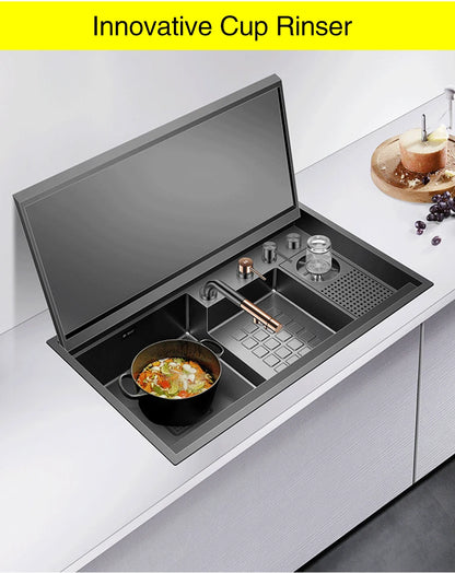 ASRAS Large Size Flip Cover Hidden Island Kitchen Sink 304 Stainless Steel 4mm Thickness Handmade Stepped Sink Cup Rinser Sinks