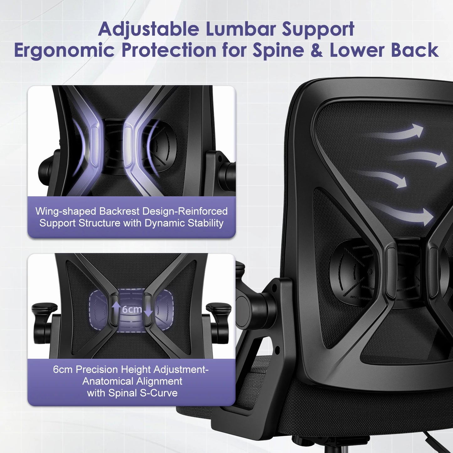 AUTHMIC Ergonomischer Bürostuhl mit Netzrücken, Lordosenstütze, hochklappbare Armlehnen, höhenverstellbar, für die Arbeit im Home-Office-Schreibtisch