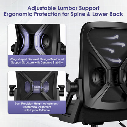 AUTHMIC Ergonomischer Bürostuhl mit Netzrücken, Lordosenstütze, hochklappbare Armlehnen, höhenverstellbar, für die Arbeit im Home-Office-Schreibtisch
