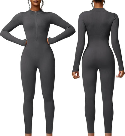 Seamless Long Sleeve Yoga Suit One-Piece Tightening Fitness Leisure Sports Jumpsuit with Zipper for Women