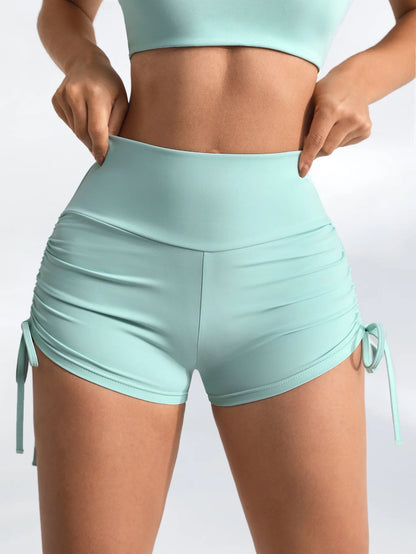 Women's High-Waisted Ruching Yoga Shorts Tight Workout Running Gym Shorts with Tie Detail Summer Fitness Stretch Activewear.