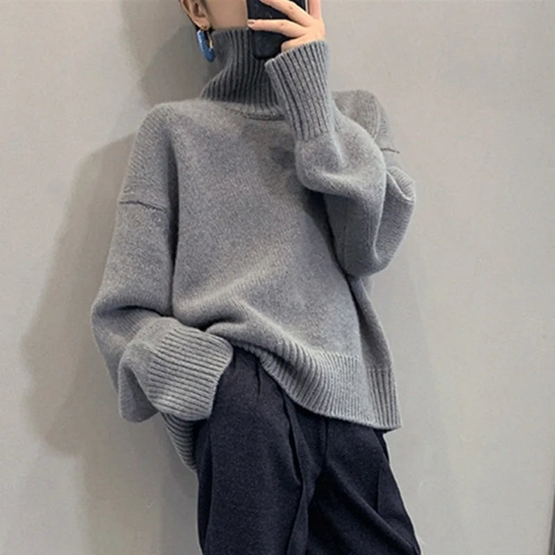2023 Autumn and Winter New Thick  Sweater Women High Neck Pullover Sweater Warm Loose Knitted Base Sweater Jacket Tops.