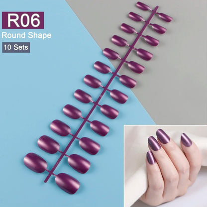 10 Sets/Pack Mixed Solid Colors Coffin Round Square Almond Shape False Nails Full Cover Nail Tips Short Fake Nails Tip Manicure