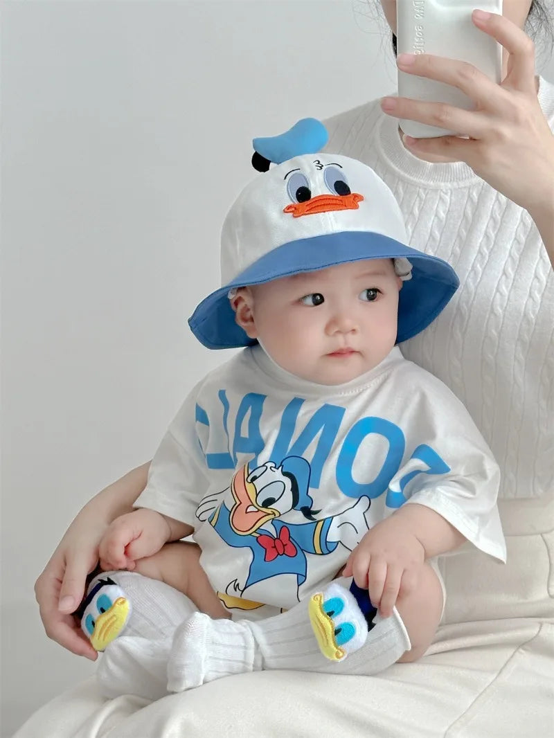 Disney Baby Mädchen Junge Overall Strampler Socke Hut Neugeborene Kleidung Set Baumwolle Cartoon Donald Duck Infant Kleinkind Body Outfit K618.