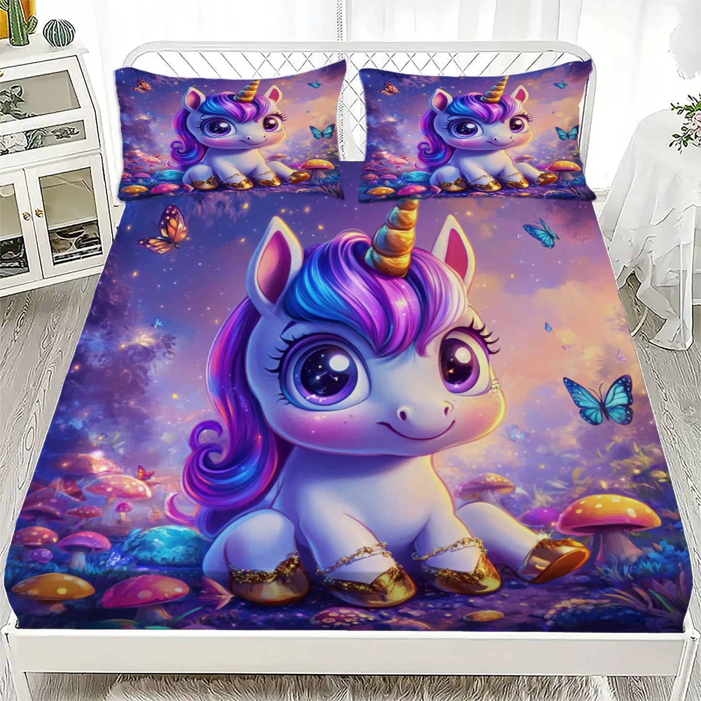 3D Fitted Sheets Set Unicorn Pattern Cute Bedding Set Printed With 1/2 Pillowcases Customized For Boys And Girls Kids Decorate.