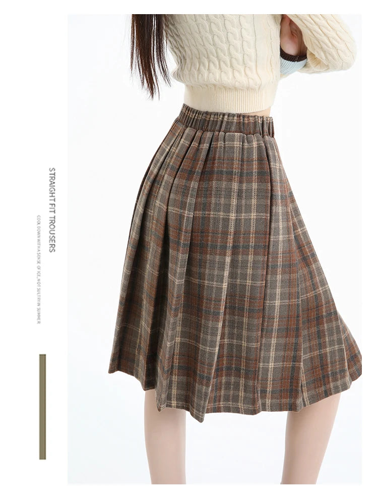 Preppy Style Woolen Pleated Plaid Skirt Women Fall Winter Retro Elastic High Waist Skirts Female Japanese A Line Faldas 2025 New.