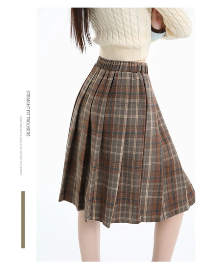 Preppy Style Woolen Pleated Plaid Skirt Women Fall Winter Retro Elastic High Waist Skirts Female Japanese A Line Faldas 2025 New.