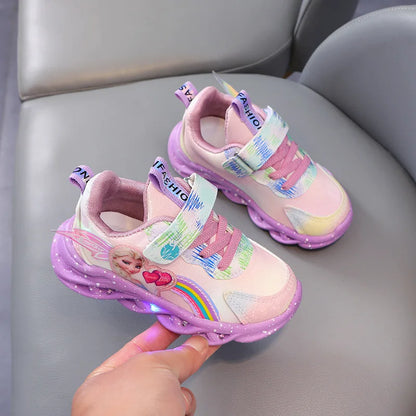 Disney Casual Sneakers LED Lighted For Spring Girls Frozen Elsa Princess Rainbow Outdoor Children Non-slip Pink Purple Shoes