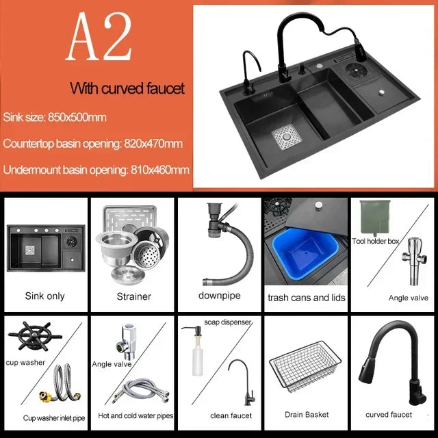 Nano Kitchen Sink Multi-Function Stepped Kitchen Sink 304 Stainless Steel Vegetable Washing Basin With High Pressure Cup Washer