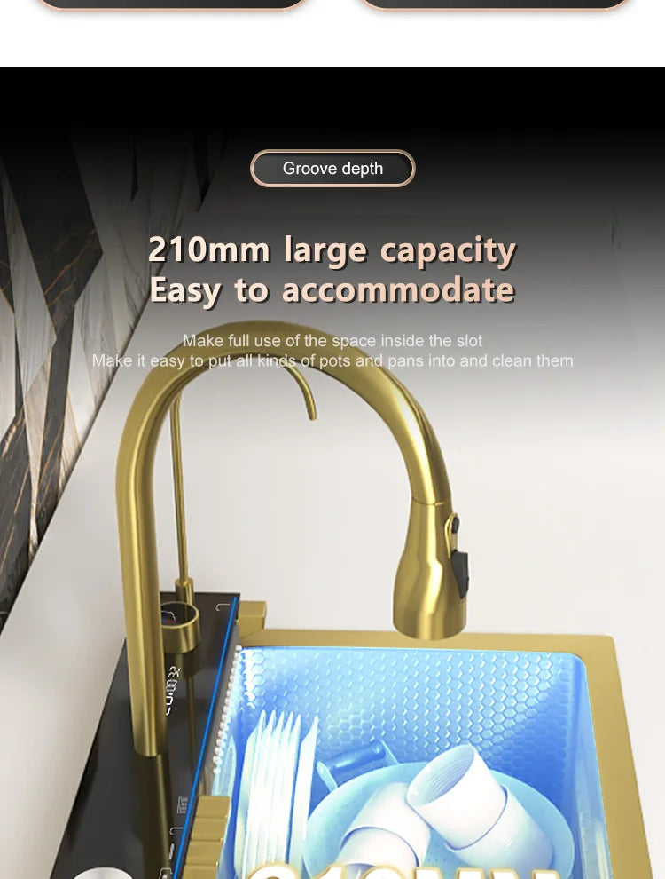 Golden Stainless Steel Waterfall Kitchen Sink Gold Embossed Extra Large Single Slot Digital Display Dishwashing Basin 100x50cm
