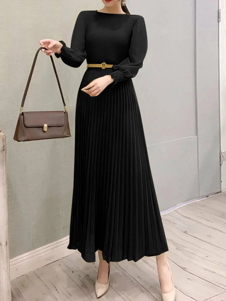 ZANZEA Elegantes Damen-Plisseekleid, edel, gesmokte Bündchen, langärmelig, O-Ausschnitt, Fit und Flare, lang, Vestidos, Pendeln, solide Party-Roben