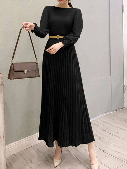 ZANZEA Elegantes Damen-Plisseekleid, edel, gesmokte Bündchen, langärmelig, O-Ausschnitt, Fit und Flare, lang, Vestidos, Pendeln, solide Party-Roben