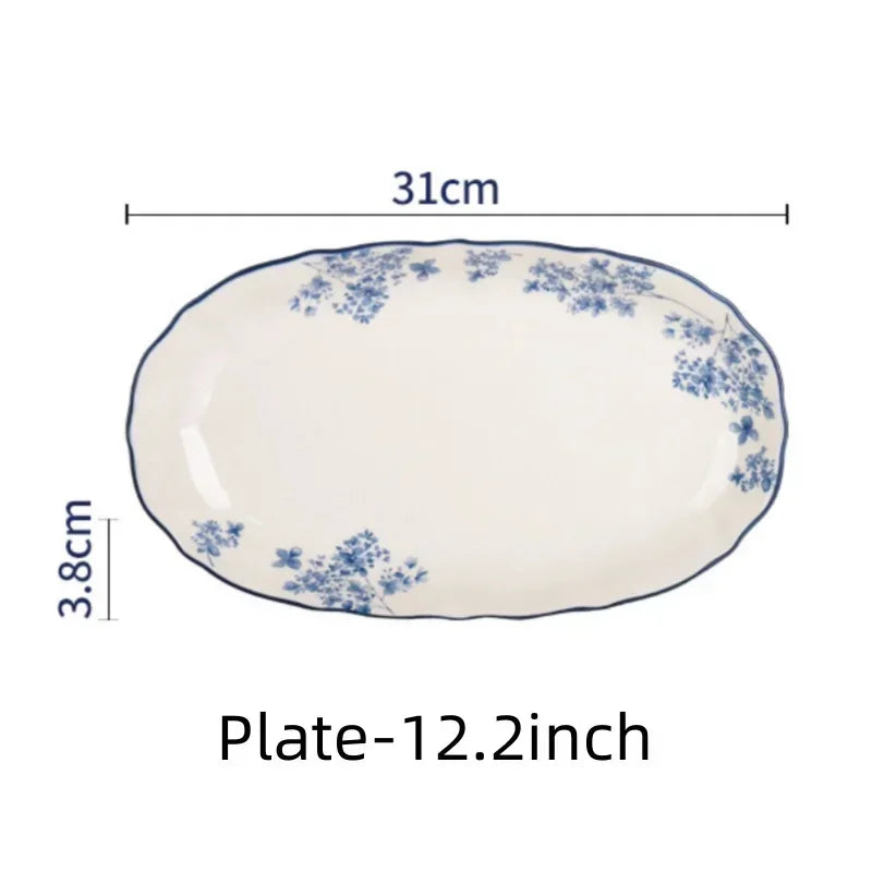 SOLECASA English Retro Ceramic Tableware Blue Flowers Pattern Household Salad Bowls Steak Plate Fruit Dessert Plates Dinnerware.