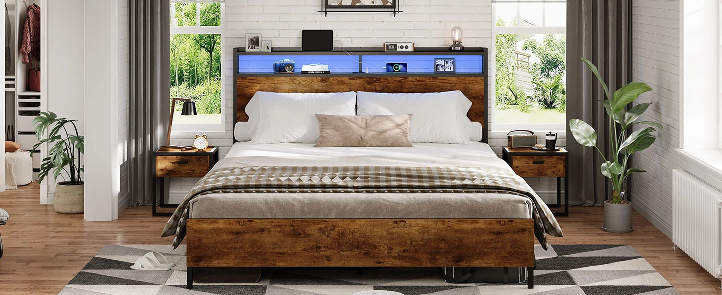 120 x 200 LED-beleuchteter Metallbettrahmen mit Steckdose und USB-Ladefunktion, Holzkopfteil, Stauraumbett B