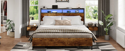 120 x 200 LED-beleuchteter Metallbettrahmen mit Steckdose und USB-Ladefunktion, Holzkopfteil, Stauraumbett B