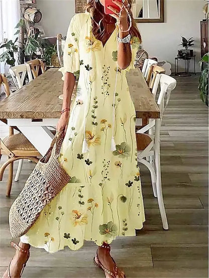 Neue frauen Frühling Sommer Kleid Sexy V-ausschnitt Kordelzug Gedruckt Lange-ärmeln Kleid Beiläufige Lose Mode Elegante Frische Süße kleid