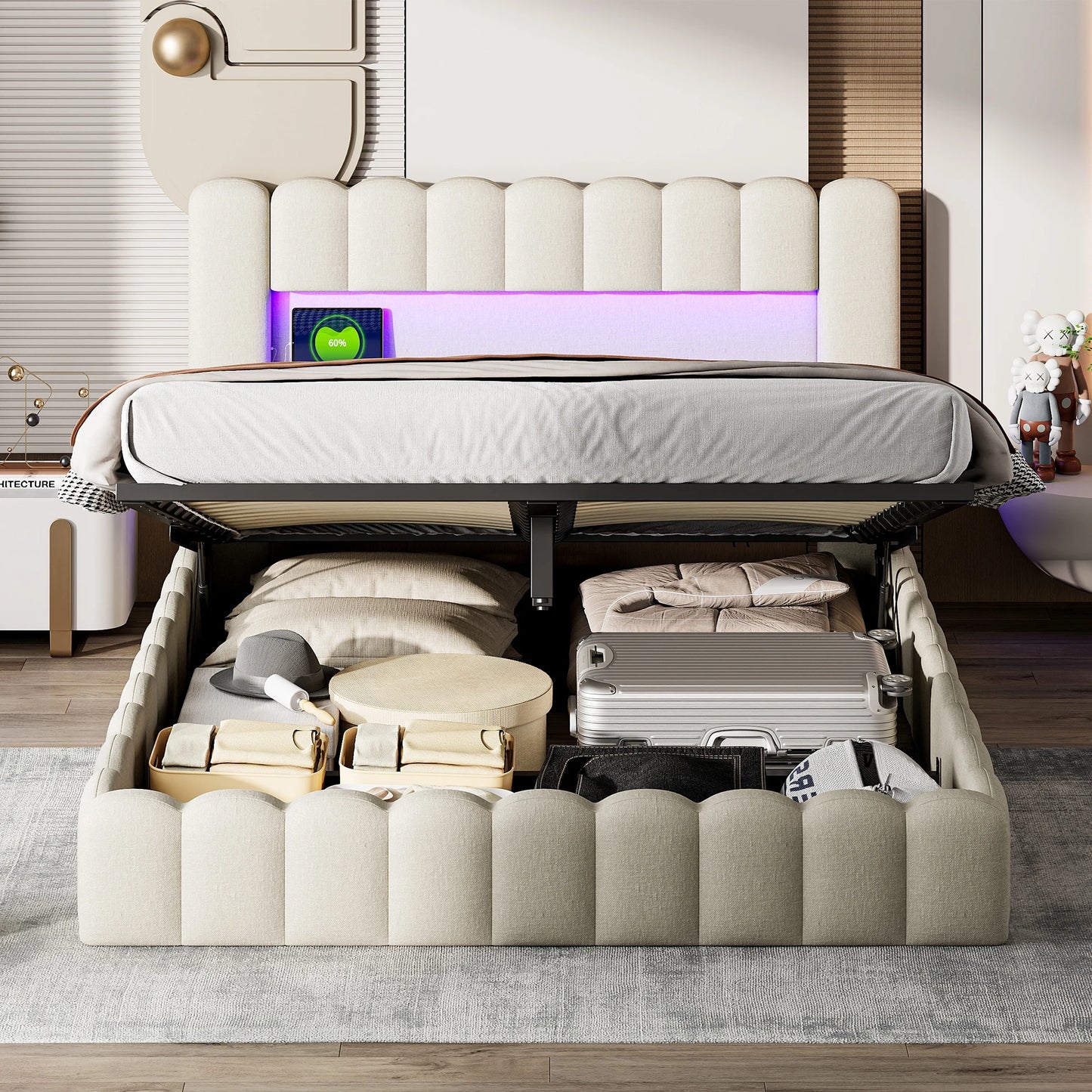 Anajqaqia Doppelbettgestell 180 x 200 cm, Beige, mit LED-Licht und USB- und Typ-C-Anschlüssen, Aufbewahrung von Gasdrucklift