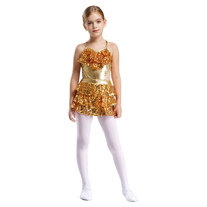 Kinder Mädchen Pailletten Jazz Ballett Tanzkleid Ärmellos Ausschnitt Tiered Rüschen Trikot Salsa Samba Rumba Skating Performance Kostüm.