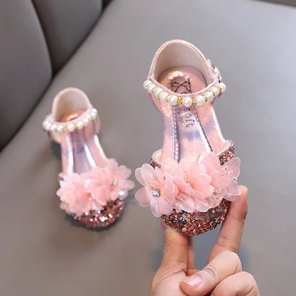 Fashion Children's Sandals 2024 Spring Summer Shining Flowers Sweet Girl Princess Shoes Dance Performance Kids Sandals J191.