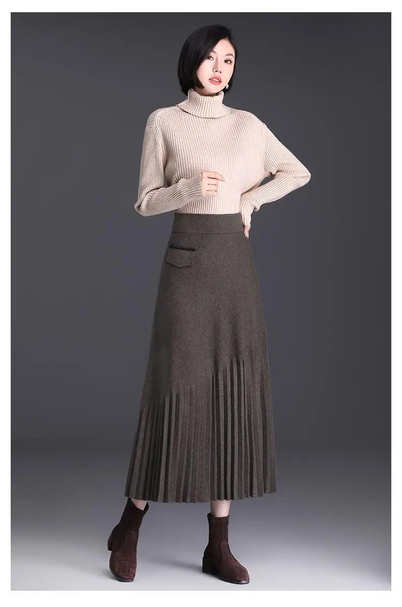 Temperament Autumn Winter New Skirts Women Solid High Waist Pleated Fashion Office Lady A-line Mid-length Knitting Pleated Skirt.