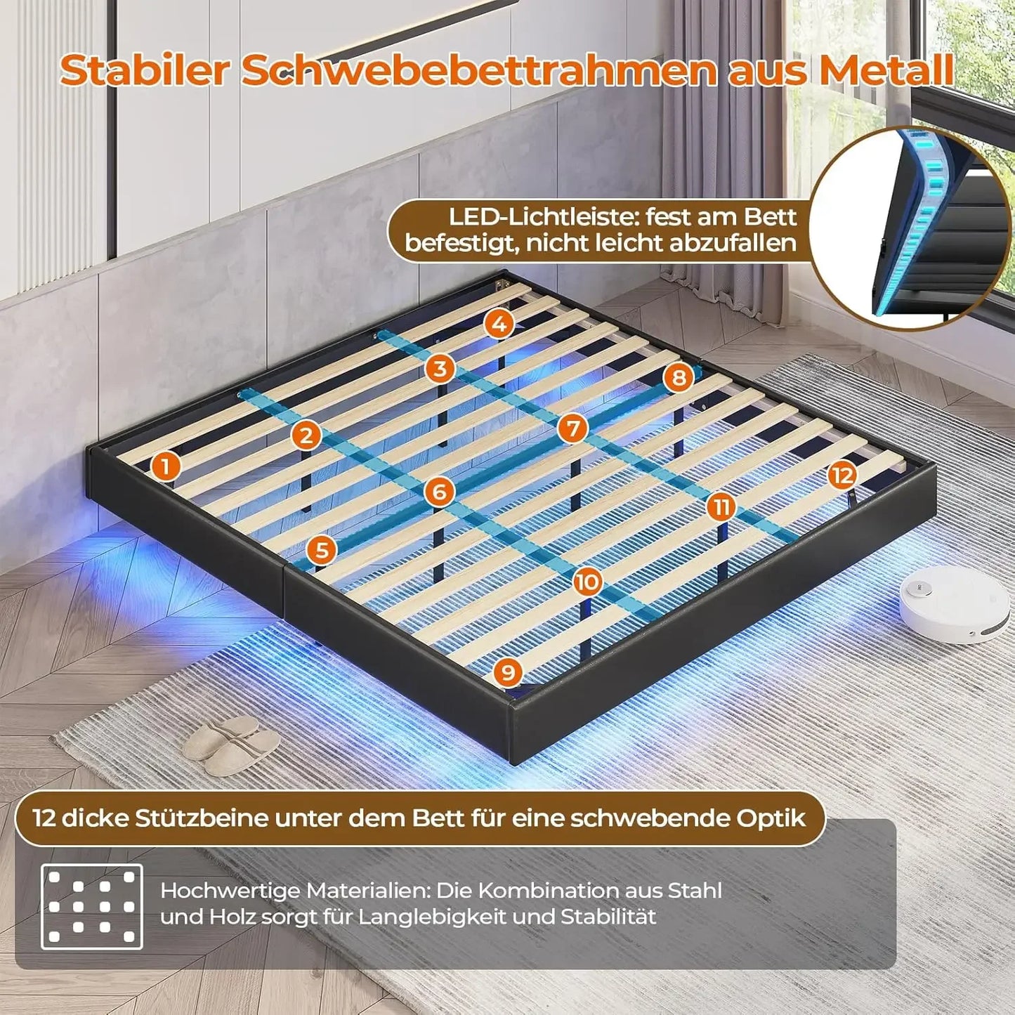 LED-beleuchtetes 180 x 200 cm großes Polsterbett mit Gestell, Gitterbettgestell, schwebender schwarzer Bettrahmen für Schlafzimmer