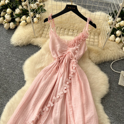 SINGREINY 2025, süßes Sommerkleid für Damen, Spaghettiträger, plissiert, 3D-Blumenmuster, schickes Sommerkleid, Fairycore, unregelmäßiges Kleid