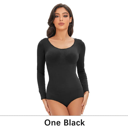 POKARLA Spandex Elastic Body Suit Shapewear Women Body Shaper Tummy Control Long Sleeve Open Crotch Round Neck Seamless Shapers.