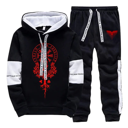 2025 Trendy Mens Tracksuit Hooded Sweatpants Viking Raven Print Autumn Winter Casual Sportswear Jogging Outfit Clothes for Man.