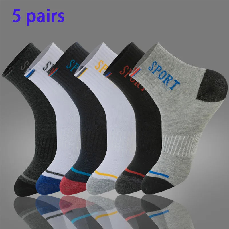 5 Pairs of Autumn and Winter MEN'S Sports Socks for Summer Leisure, Sweat Wicking, Lightweight and Breathable Basketball Socks
