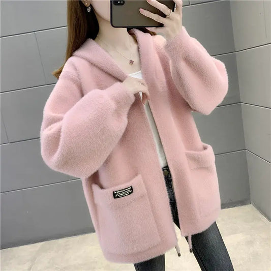 Frauen Jacke Herbst Winter neue Mode imitieren Nerz Samt Mantel 2024 weibliche kurze Kapuze dicke warme Wolle Mantel Oberbekleidung Tops.