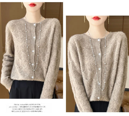 2024 Autumn And Winter New Round Neck Hollowed Out 100 Wool Knitted Cardigan Women's Versatile Coat Loose Casual Sweater DMR281
