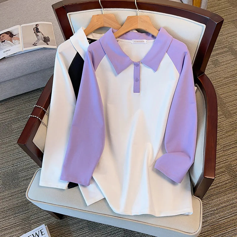 170kg plus size Damen büste Frühling Herbst loser Polo kragen kontrastieren des Sweatshirt schwarz lila 4xl 5xl 6xl 7xl 8xl 9xl.