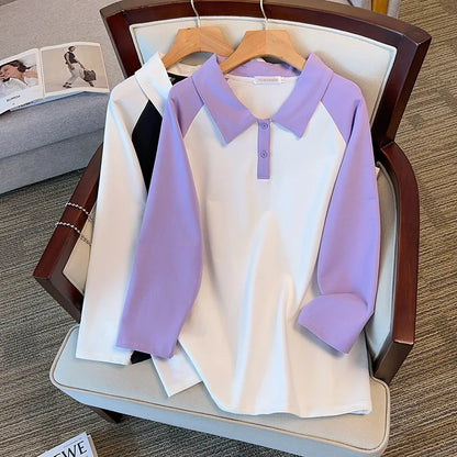 170kg plus size Damen büste Frühling Herbst loser Polo kragen kontrastieren des Sweatshirt schwarz lila 4xl 5xl 6xl 7xl 8xl 9xl.