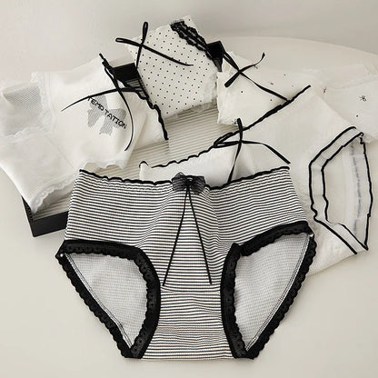 5Pcs/set Pure Cotton Sweet Bow Lace Women Panties Mid-Waist Girls Briefs Floral Underpants Soft Shorts Sexy Female Lingeries