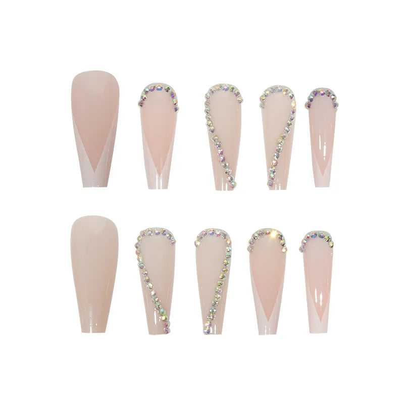Transform Your Nails with 24pcs Long Coffin White French 3D Rhinestone Decor Fake Nail.