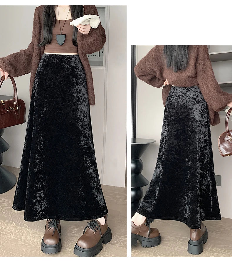 Plush Velvet Midi Skirt - 2025 New High-Waisted A-Line Mermaid Hem Skirt, Fleece-lined, Autumn Winter Thick Velvet Skirt.