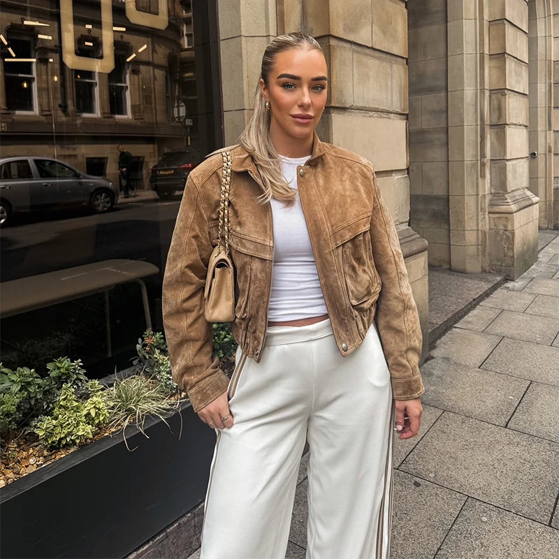 Retro-Jacke, modisch, Frühling und Herbst, lässig, lockere Tasche, langärmelig, trendig, cool, vielseitig, hochwertige Damen-Kurzjacke